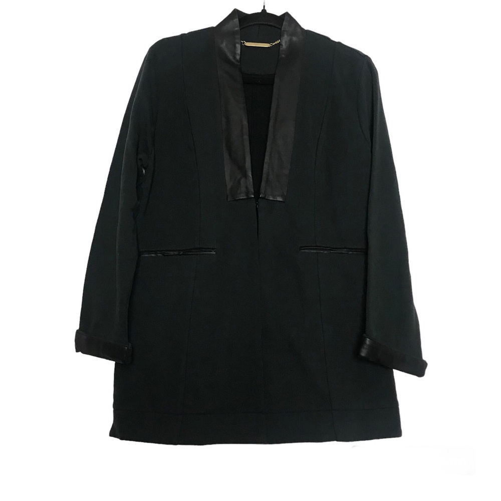 Soft Surroundings Black Faux Leather Trim Long Line Oversized Coat Womens Sz S